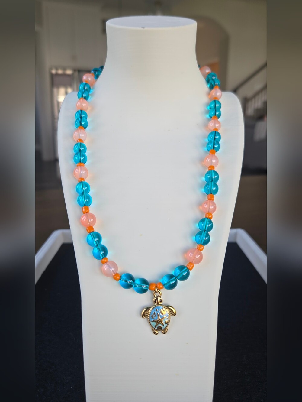 Handcrafted Orange And Teal Glass  Beaded Necklace with Ocean Pendant